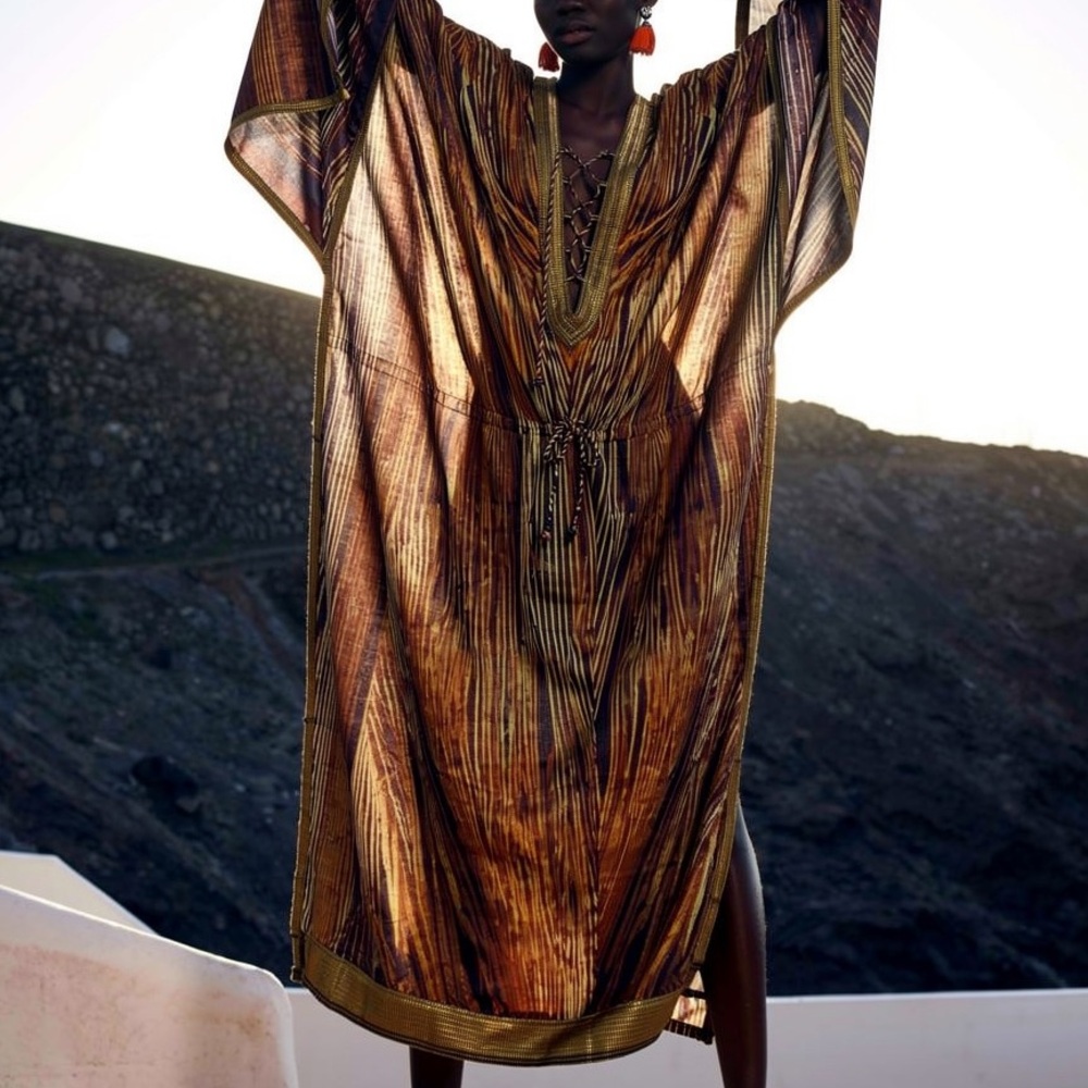Haute Hippie Embellished Silk Animal Print Maxi Kaftan Dress